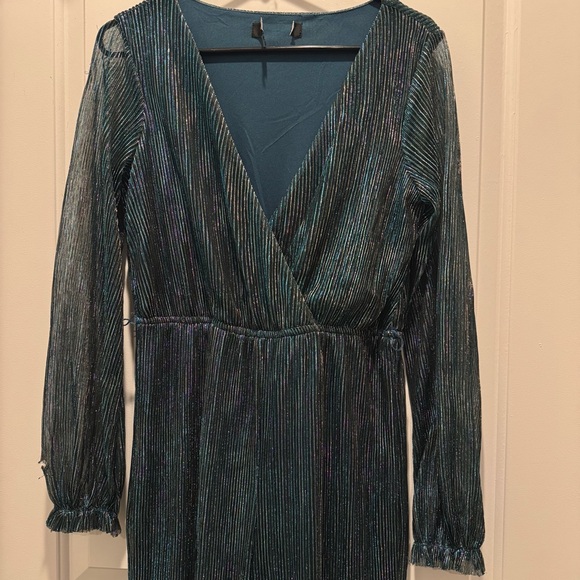 Lulus Pants - Women's Deep V-Neck Long Sleeve Wide-Leg Jumpsuit - Teal